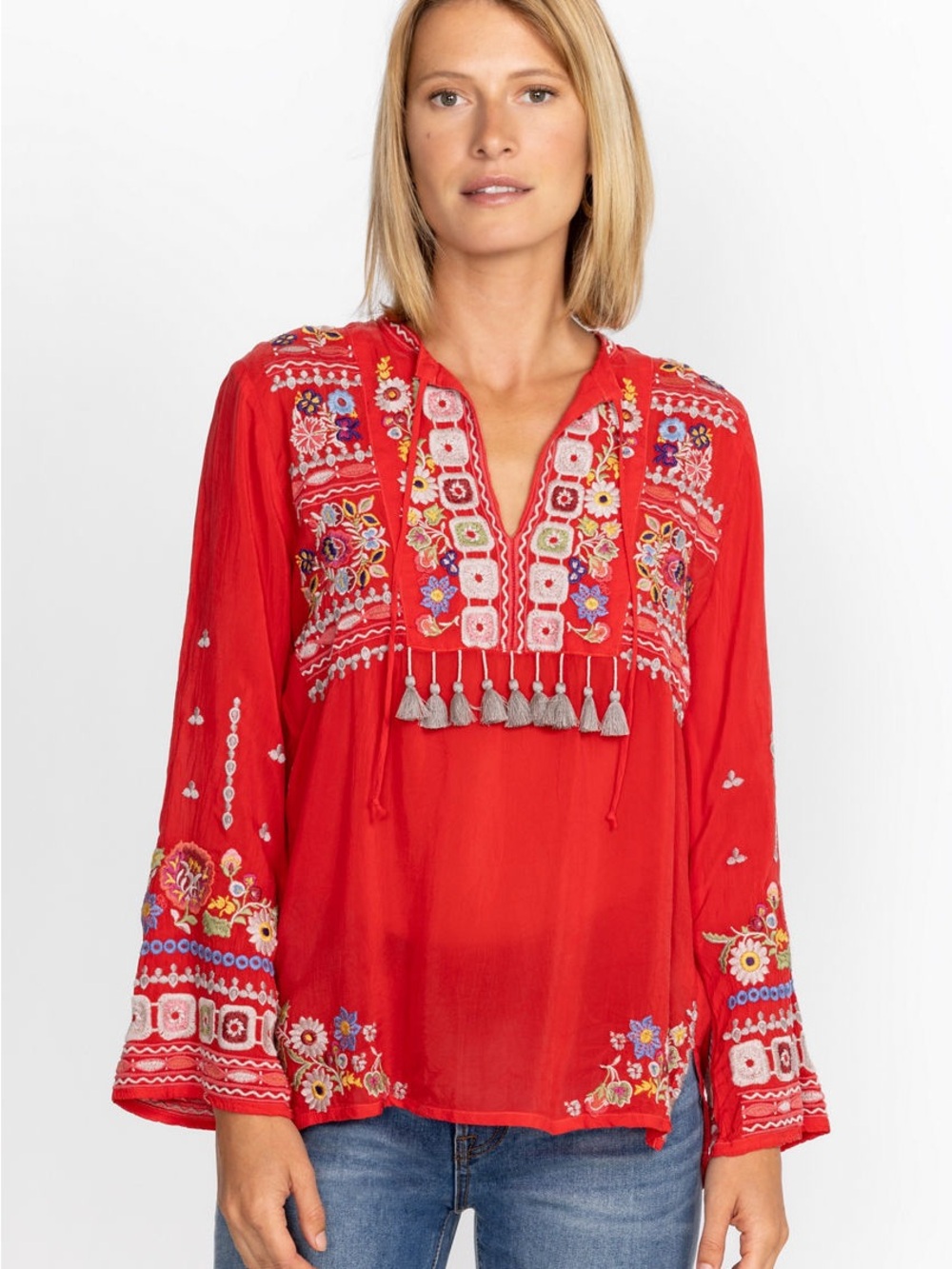 Johnny Was Coriander Embroidered Blouse – Red – Size Large